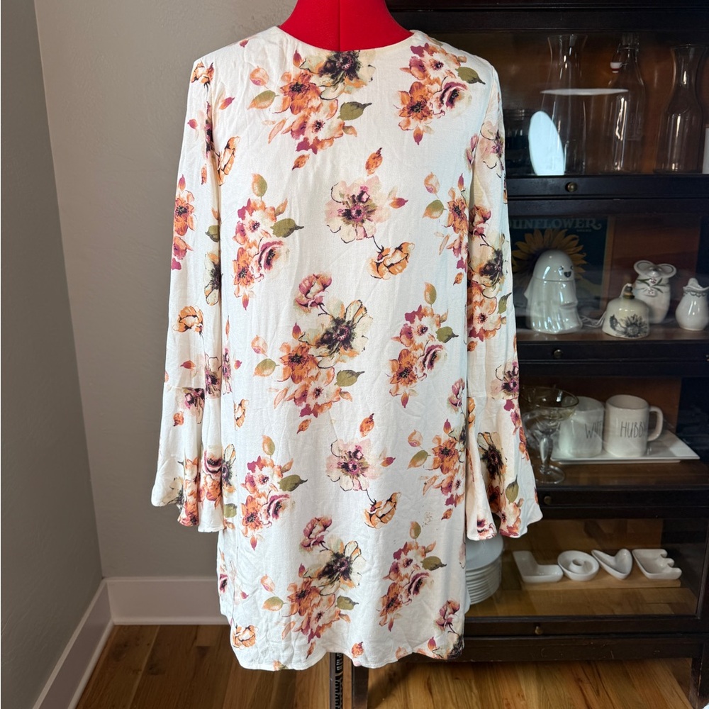 Mustard Seed Cream Feminine Floral Long Sleeve Boho Mini Dress Size S